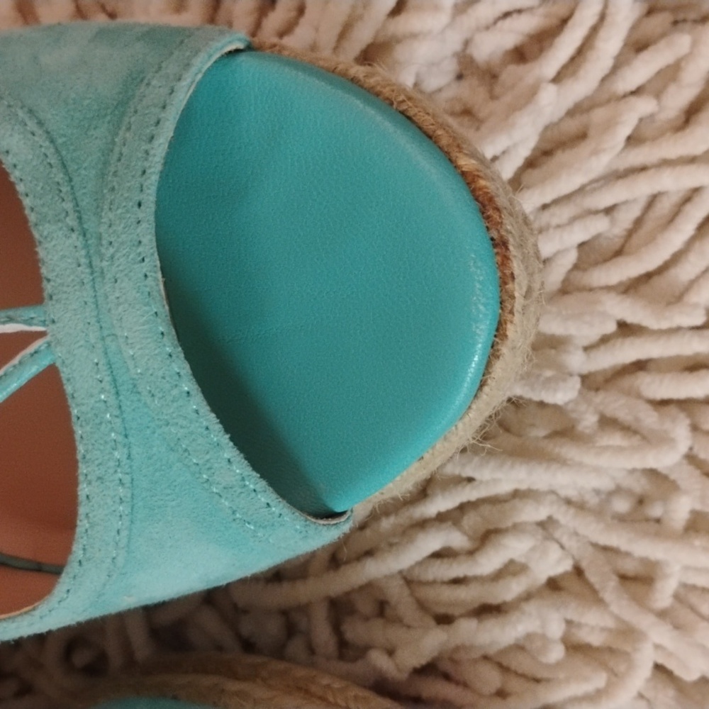 Trina Turk Turquoise Suede Leather Lace up Ankle Wrap Wedge Sandals - Picture 5 of 12